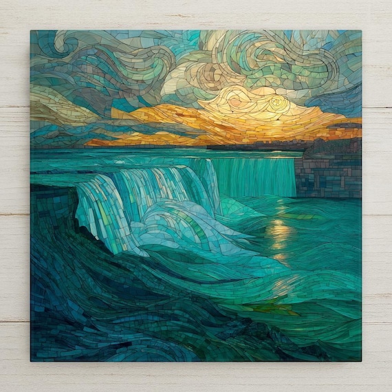 Niagara Falls Ceramic Mosaic: Stained Glass Style Landscape Wall Art, Nature-Inspired Home Decor Gift