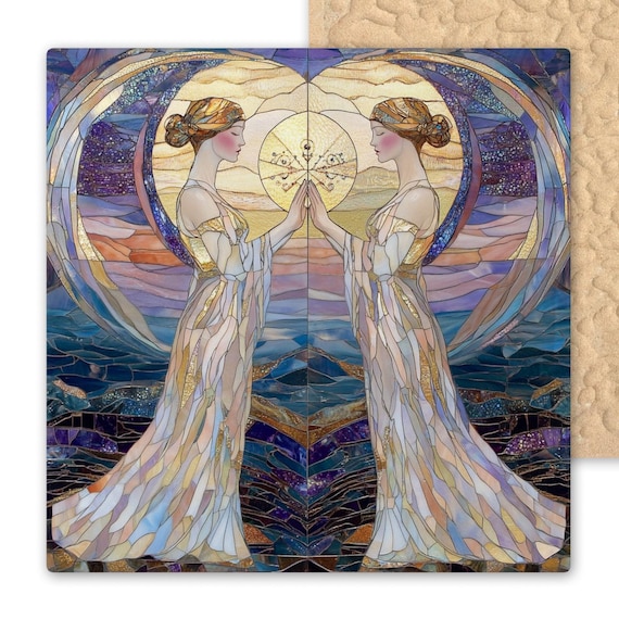 Gemini Zodiac Ceramic Tile: Stained Glass Twins Wall Art, Astrology Gift for May-June Birthday