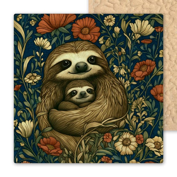 Woodland Sloth Art Nouveau Ceramic Tile - William Morris Inspired Nursery Decor & Kitchen Trivet