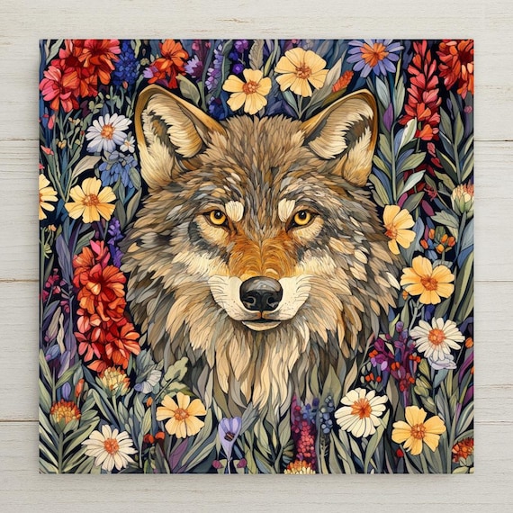 Woodland Wolf Ceramic Tile Art: Floral William Morris Inspired Wall Decor for Nature Enthusiasts