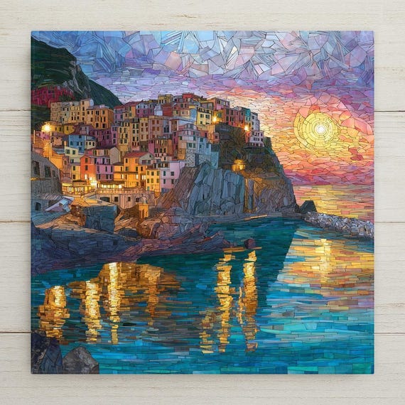 Cinque Terre Italy Ceramic Tile Wall Art - Italian Riviera Cliffside Village Sunset Mediterranean Coastal Home Decor