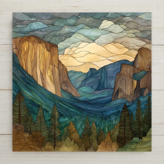 Yosemite Tunnel View Ceramic Tile Wall Art - Stained Glass Style National Park Landscape Decor