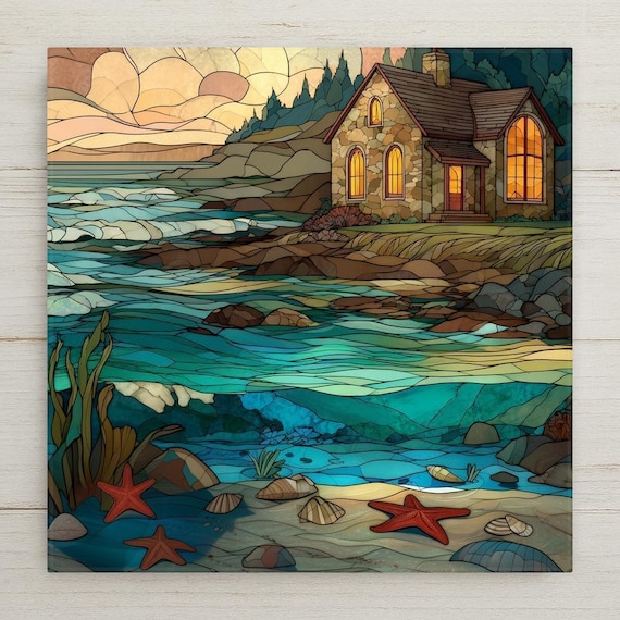 Coastal Cottage Ceramic Tile Wall Art – Stained Glass Style Beach Decor, Ocean Home Decor, Seaside Wall Art Gift for Coastal Living