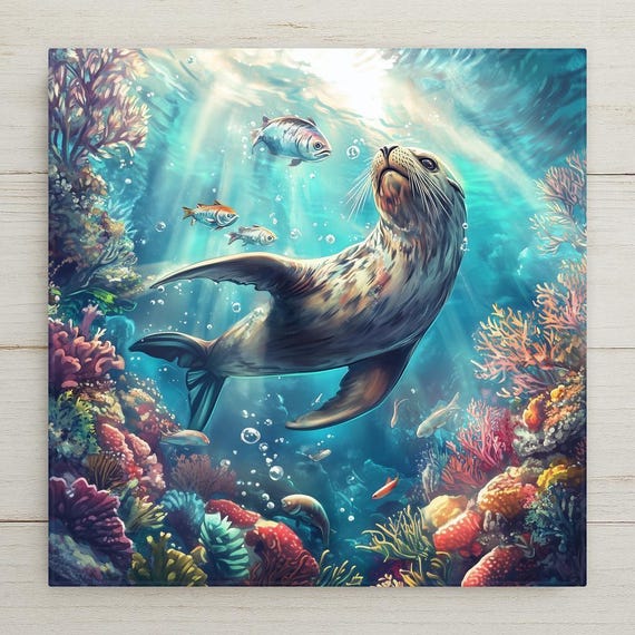 Sea Lion Ceramic Tile Art: Colorful Coral Reef, Coastal Decor