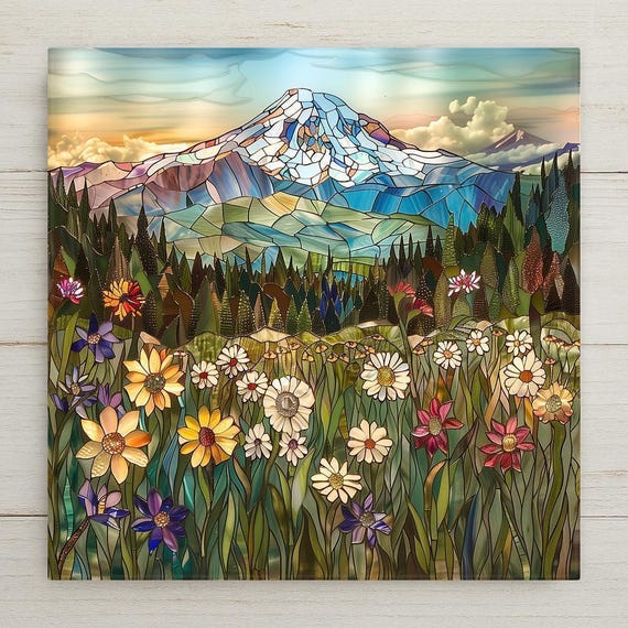 Mount Rainier Wildflower Mosaic Ceramic Tile Art - Stained Glass Style Mountain Landscape Wall Decor