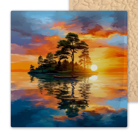 Island Lake Sunset Ceramic Tile Art: Fisherman in Boat, Watercolor Style Decor for Lake House, Cabin, Home