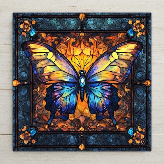 Art Nouveau Butterfly Ceramic Tile: William Morris Inspired Stained Glass Look