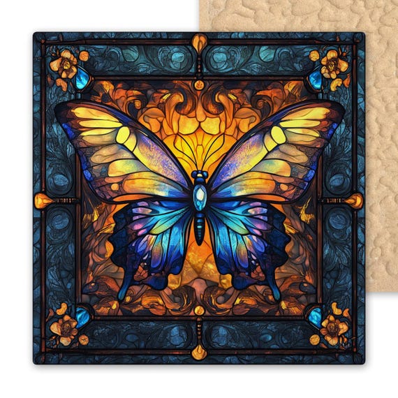 Art Nouveau Butterfly Ceramic Tile: William Morris Inspired Wall Decor with Tiffany Stained Glass Look