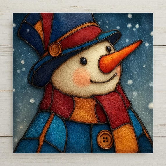 Snowman Wall Art Ceramic Tile Stained Glass Style Christmas Gift Holiday Whimsical Winter Nature Decor Art