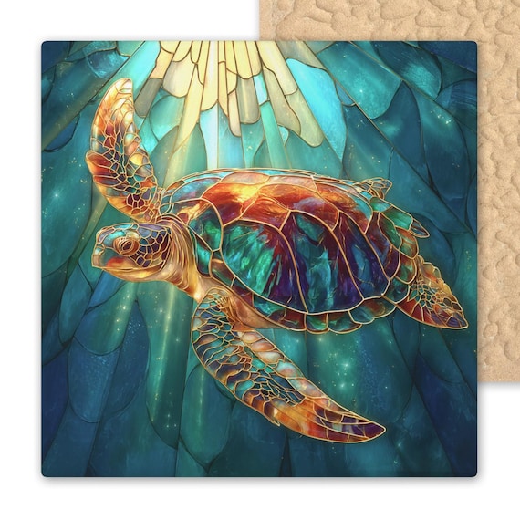 Sea Turtle Ceramic Tile Art – Multicolor Stained Glass Style Ocean Wall Art – Vibrant Sea Life Home Decor, Beach Lover Gift
