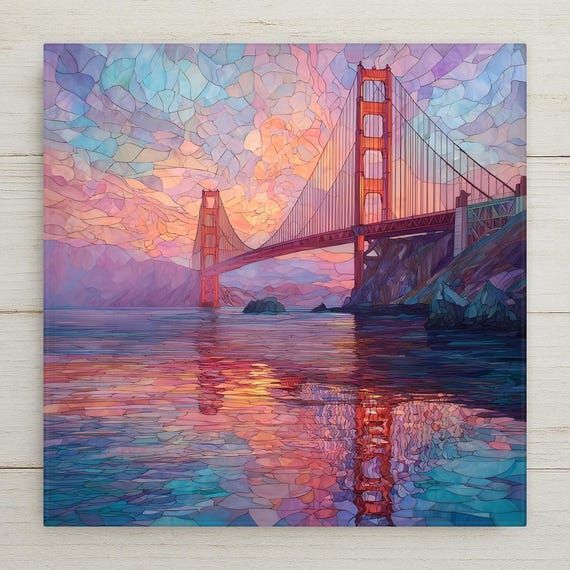 Golden Gate Bridge Wall Art – Stained Glass Style San Francisco Bay Sunset Print, Colorful Coastal Home Decor, California Gift