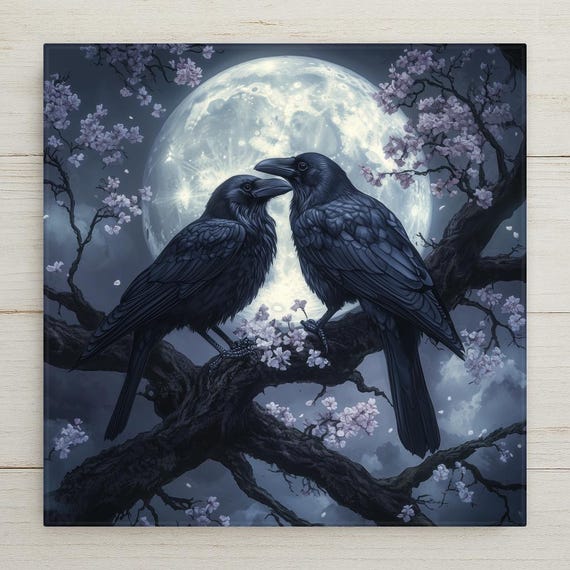 Moonlight Crow Ceramic Art Tile: Gothic Dark Fantasy Decor