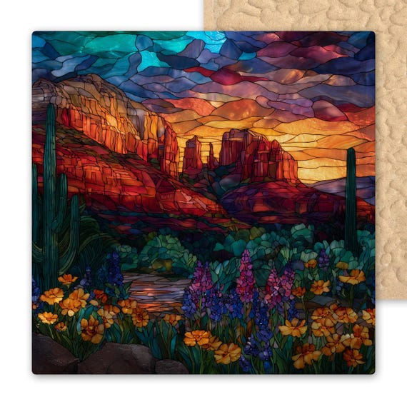Stained Glass Style Sedona Red Rock Tile Art with Wildflowers and Sunset, Desert Landscape Ceramic Wall Art Southwest Home Decor