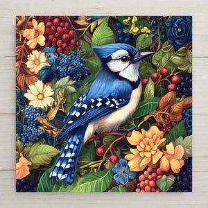 Art Nouveau Blue Jay Ceramic Tile: William Morris Inspired Cottagecore Wall Decor Wall Art