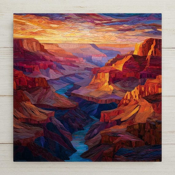 Grand Canyon River Ceramic Tile Art: Stained Glass Style National Park Landscape Wall Decor for Nature Lovers
