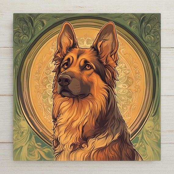 Mucha Art Nouveau German Shepherd Ceramic Tile: Floral Dog Wall Art