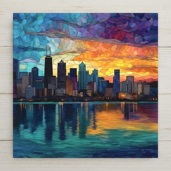 Chicago Skyline Wall Art Ceramic Tile – Stained Glass Sunset Cityscape Decor, Colorful Urban Lakefront Art, Modern Travel Home Decor