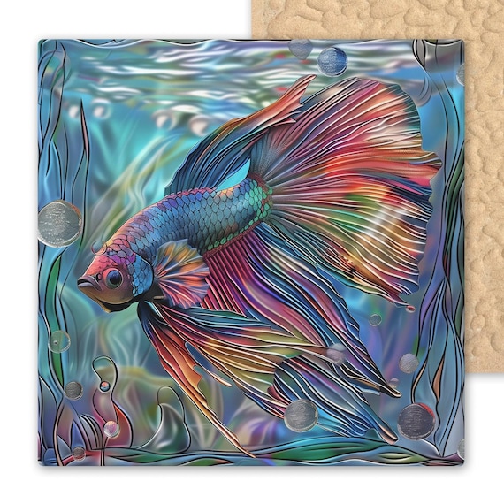 Handcrafted Betta Fish Ceramic Tile Art - Colorful Aquatic Wall Decor for Tropical Spa Bathroom