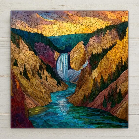 Yellowstone Lower Falls Ceramic Tile: Stained Glass Style National Park Landscape Wall Art Gift