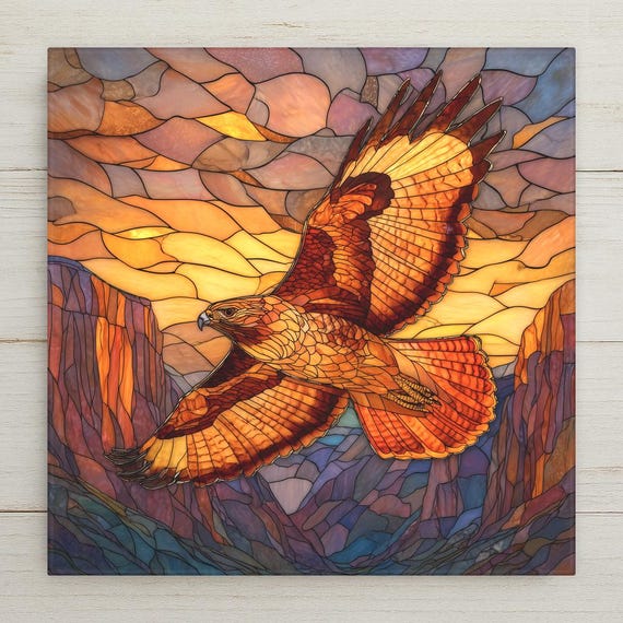 Red-Tailed Hawk Ceramic Tile Wall Art – Stained Glass Mountain Sunset Wildlife Decor, Rustic Home Decor, Nature Wall Art Gift Tile