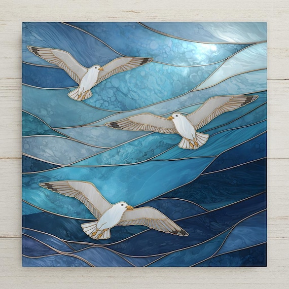 Seagull Wall Art Ceramic Tile – Coastal Beach Wall Decor – Ocean Bird Decor – Stained Glass Style Seaside Home Decor Gift