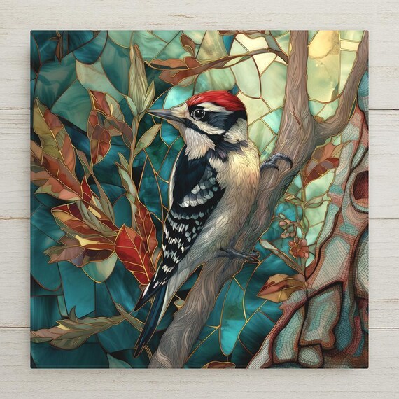 Downy Woodpecker Ceramic Tile: Art Nouveau Bird Lover Wall Art