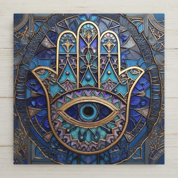 Hamsa Hand Wall Art Ceramic Tile – Stained Glass Evil Eye Home Decor, Boho Spiritual Protection Wall Decor