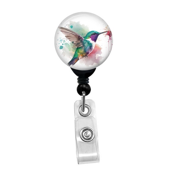 Hummingbird Badge Reel Watercolor Floral Bird Retractable ID Holder for Nurses Teachers Animal Lover Gift Office Work Custom Name Tag