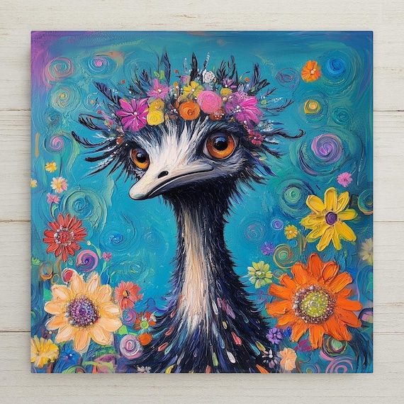 Floral Crown Emu Ceramic Tile Art: Whimsical Boho Decor