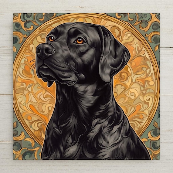 Art Nouveau Black Labrador Ceramic Tile: Vintage Floral Dog Wall Art