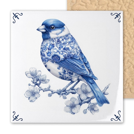 Delft-Inspired Bluebird Ceramic Tile Art: Dutch Porcelain Style with Cherry Blossoms, Cottagecore Wall Decor