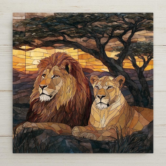 Lion & Lioness Ceramic Tile Wall Art – Stained Glass Style Wildlife Wall Decor, Symbol of Strength Partnership, Meaningful Home Decor Gift