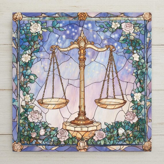 Libra Zodiac Ceramic Tile Art: Stained Glass Style Astrology Decor