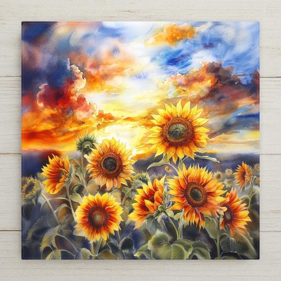 Sunflower Ceramic Tile Art: Watercolor Sunset Country Home Decor - Handmade Rustic Farmhouse Wall Accent