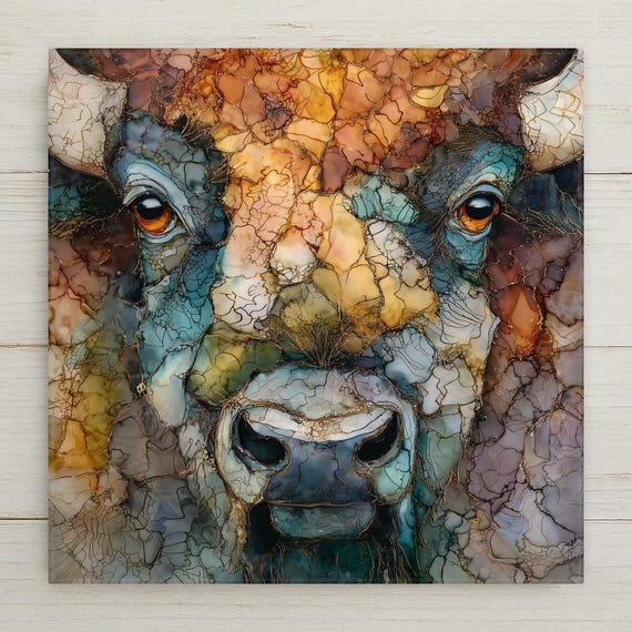Buffalo Ceramic Tile Wall Art – Stained Glass Bison Portrait, Rustic Western Farmhouse Decor, Country Home Decor Wall Art Gift