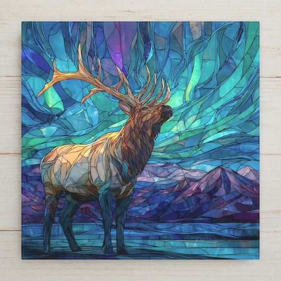 Elk Ceramic Tile Wall Art – Stained Glass Mountain Scene, Nature Wilderness Home Decor, Aurora Wall Decor Gift for Wildlife Lovers