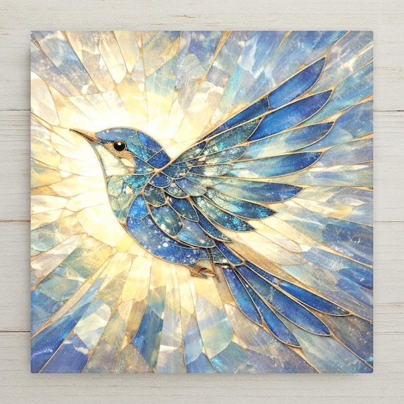 Blue Songbird Ceramic Wall Tile - Nature Inspired Stained Glass Style Flying Bird Art for Peaceful Home Decor