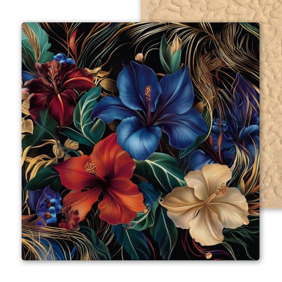 Baroque Floral Ceramic Tile: Art Nouveau Fantasy Flowers Wall Decor, Jewel Tone Botanical Home Accent