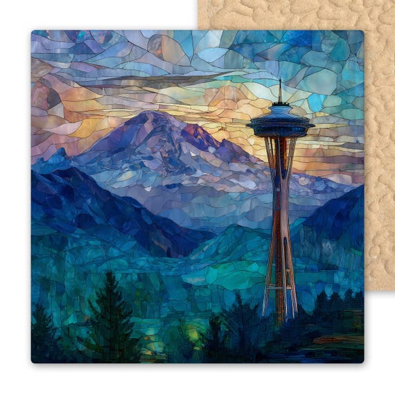 Seattle Space Needle Wall Art – Mt. Rainier Ceramic Tile Décor, Stained Glass Style Skyline, Washington Landmark Home or Travel Gift