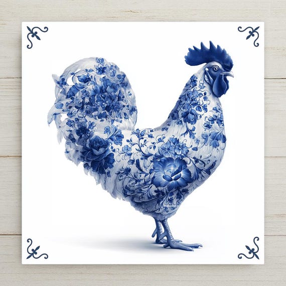 Dutch Blue Delft Rooster Tile: Farmhouse Kitchen Art, Floral Porcelain Decor, Vintage-Style Collectible
