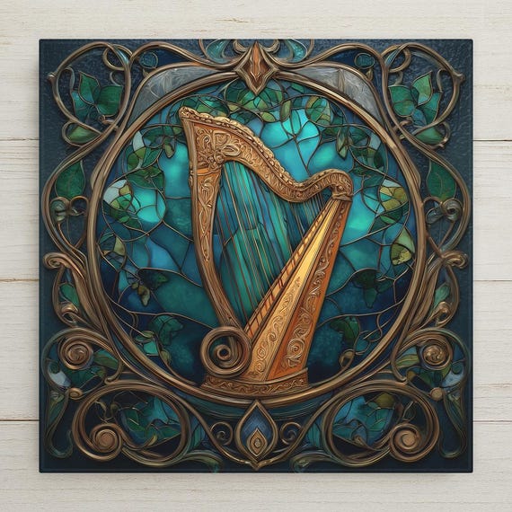 Celtic Harp Ceramic Tile – Art Nouveau Stained Glass Style Wall Art, Irish Music Decor, Teal Blue Home Accent, Harp Gift for Musicians
