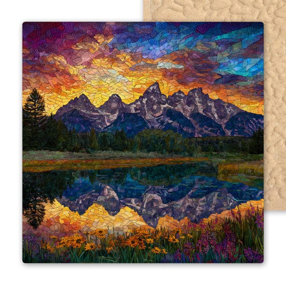 Stained Glass Style Grand Teton Mountain Sunset Ceramic Tile Wall Art – Nature Landscape Decor with Premium Frame or Easel Display