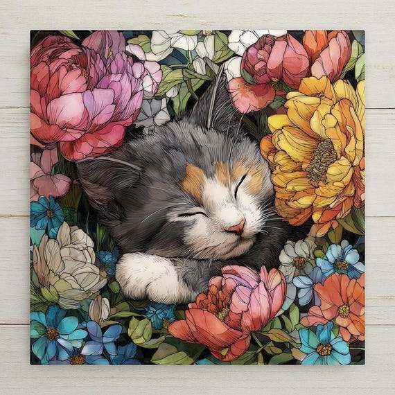 Sleeping Kitten Wall Art Ceramic Tile Cat Lover Gift Cottagecore Cat Decor Kitten Art Housewarming Cat Tile