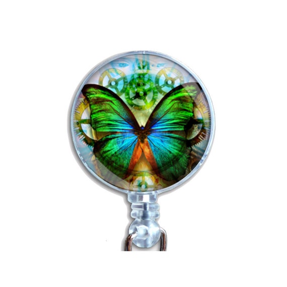 Steampunk Butterfly Badge Reel – Glass Dome ID Holder – Retro Clockwork Wings Clip – Nurse Teacher Gift – Retractable Name Tag Accessory