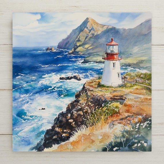 Makapu'u Point Lighthouse Watercolor Ceramic Tile - Hawaiian Coastal Nautical Beach House Wall Decor