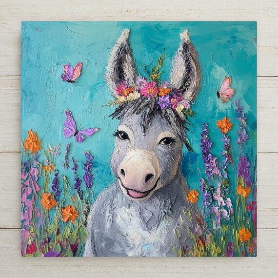 Floral Crown Donkey Ceramic Tile: Whimsical Farmhouse Wall Art