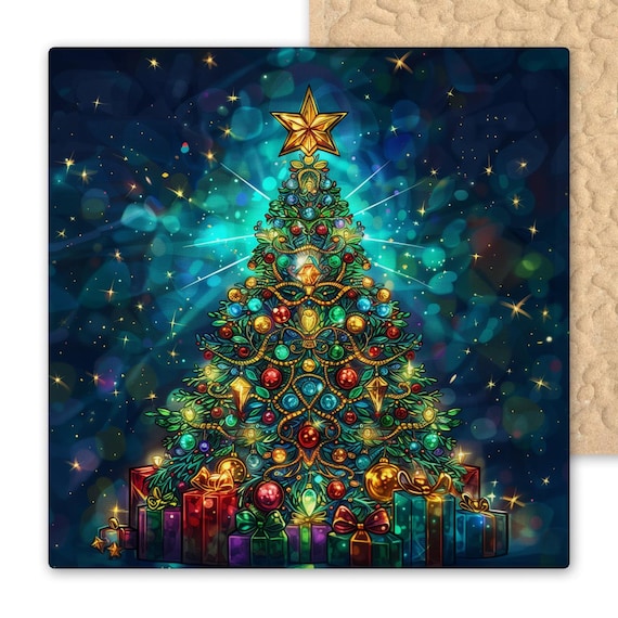Festive Stained Glass Christmas Tree Tile: Artistic Holiday Home Decor Wall Art Ornament Gift