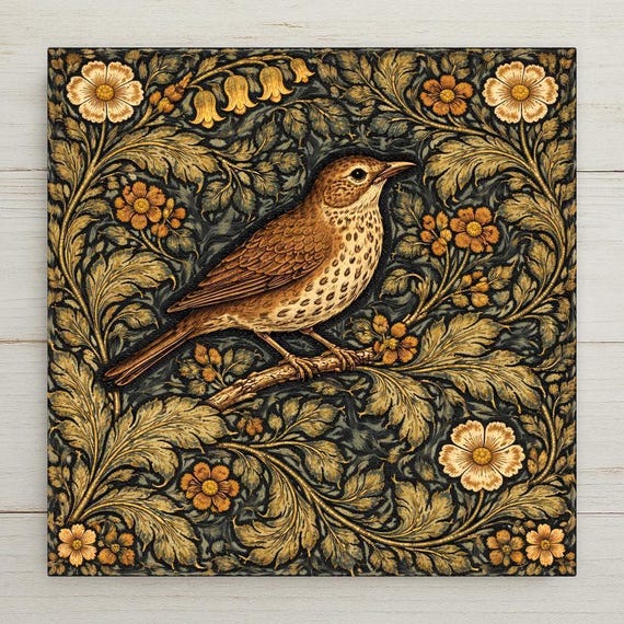 Bird Wall Art Ceramic Tile – William Morris Style Botanical Decor – Cottagecore Wall Decor – Vintage Floral Home Decor Gift