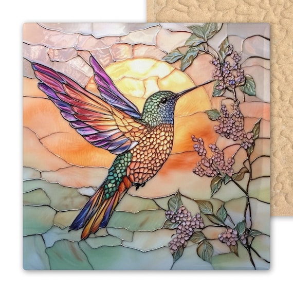 Handcrafted Sunset Hummingbird Ceramic Tile Wall Art: Stained Glass-Inspired Nature Decor for Bird Lovers