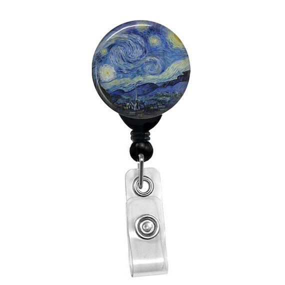 The Starry Night Badge Reel – Van Gogh Art Badge Holder – Starry Night ID Clip – Retractable Badge Reel – Art Lover Nurse Teacher Gift